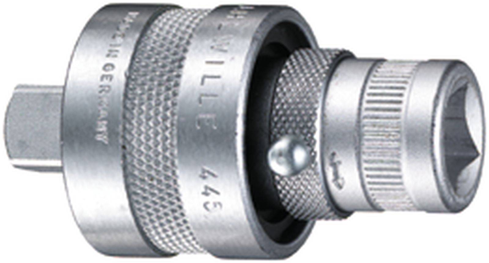 Steckschlüsseladapter aus Metall. Enthält Markierungen mit Herstellerdetails und hat eine geriffelte Oberfläche für besseren Halt.