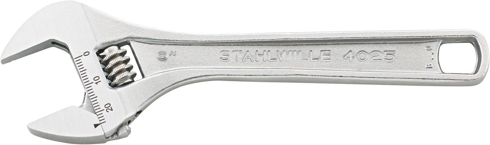 Ein verstellbarer Schraubenschlüssel aus Metall, silbern glänzend, mit einer Skala zur Größenanpassung und der Aufschrift 'STAHLWILLE 4025'.