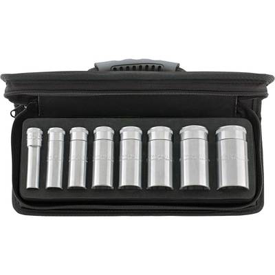 Ein offenes, schwarzes Etui mit acht Zylindern, die in einer Reihe aufgestellt sind. Die Zylinder sind silbern und glänzend.