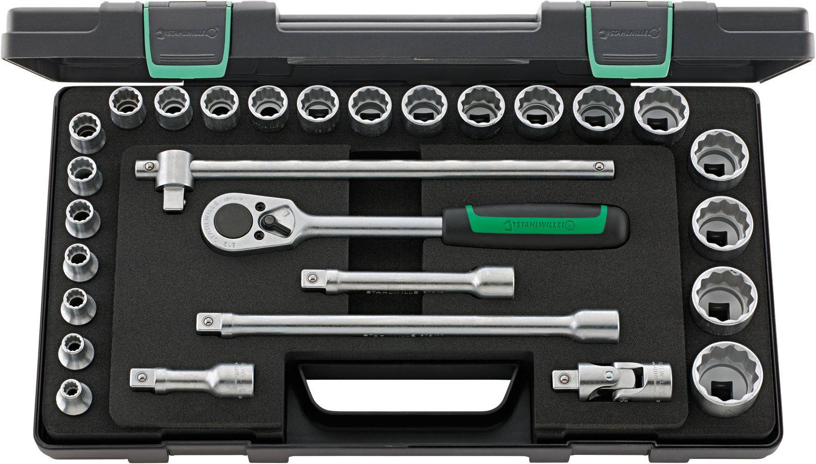 Ratschenkasten mit mehreren Steckschlüsseln, Verlängerungen und Ratsche; Werkzeugset für mechanische Arbeiten in einem schwarzen Etui.