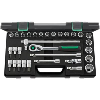 Ein geöffneter Werkzeugkoffer mit verschiedenen Steckschlüsseln und Ratsche. Ideal für mechanische Arbeiten und Reparaturen.