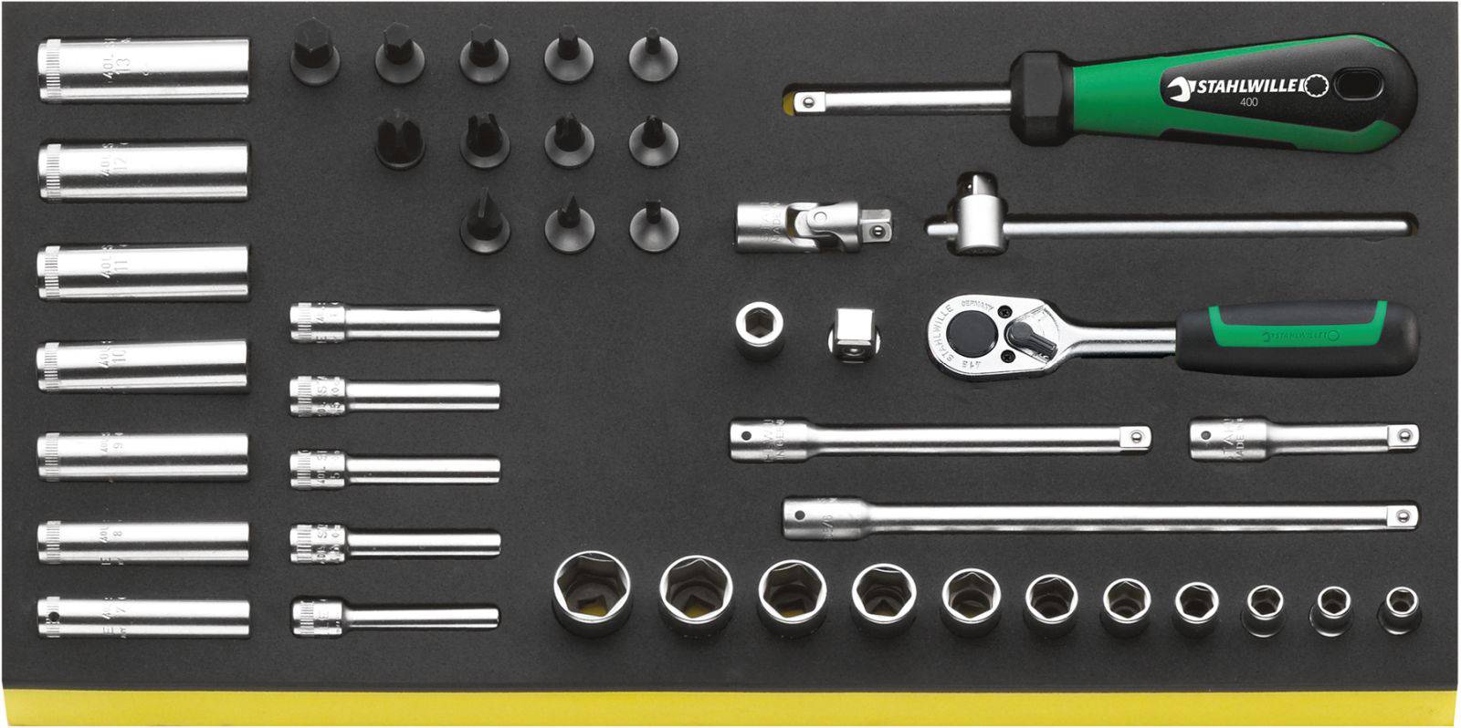 Werkzeug-Set mit Steckschlüsseln, Ratschen und Verlängerungen auf schwarzem Hintergrund, angeordnet für einfachen Zugriff.