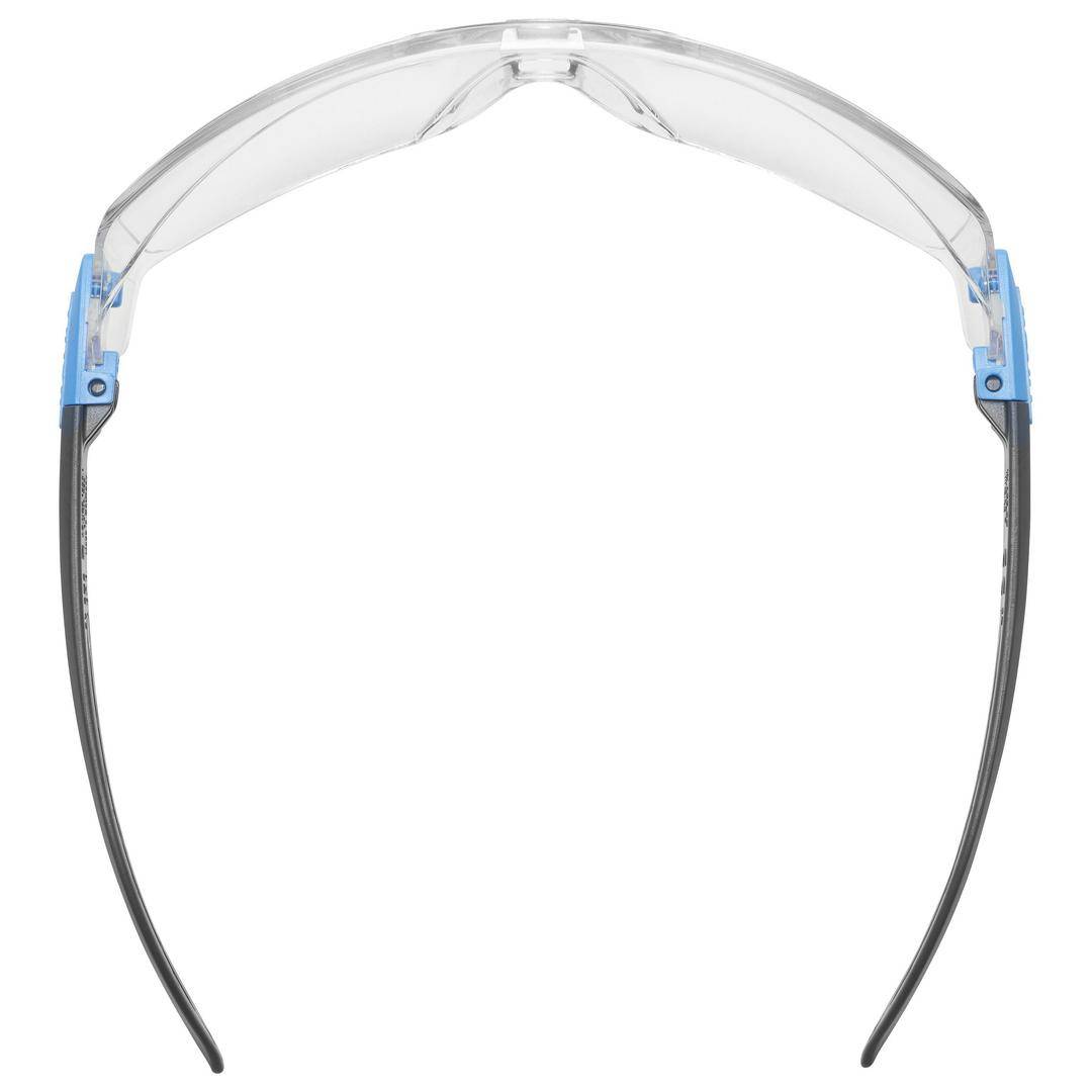 Schutzbrille mit transparenten Gläsern, blauen Fassungsdetails und schwarzen Bügeln, geeignet für Arbeitssicherheit und Augenschutz.