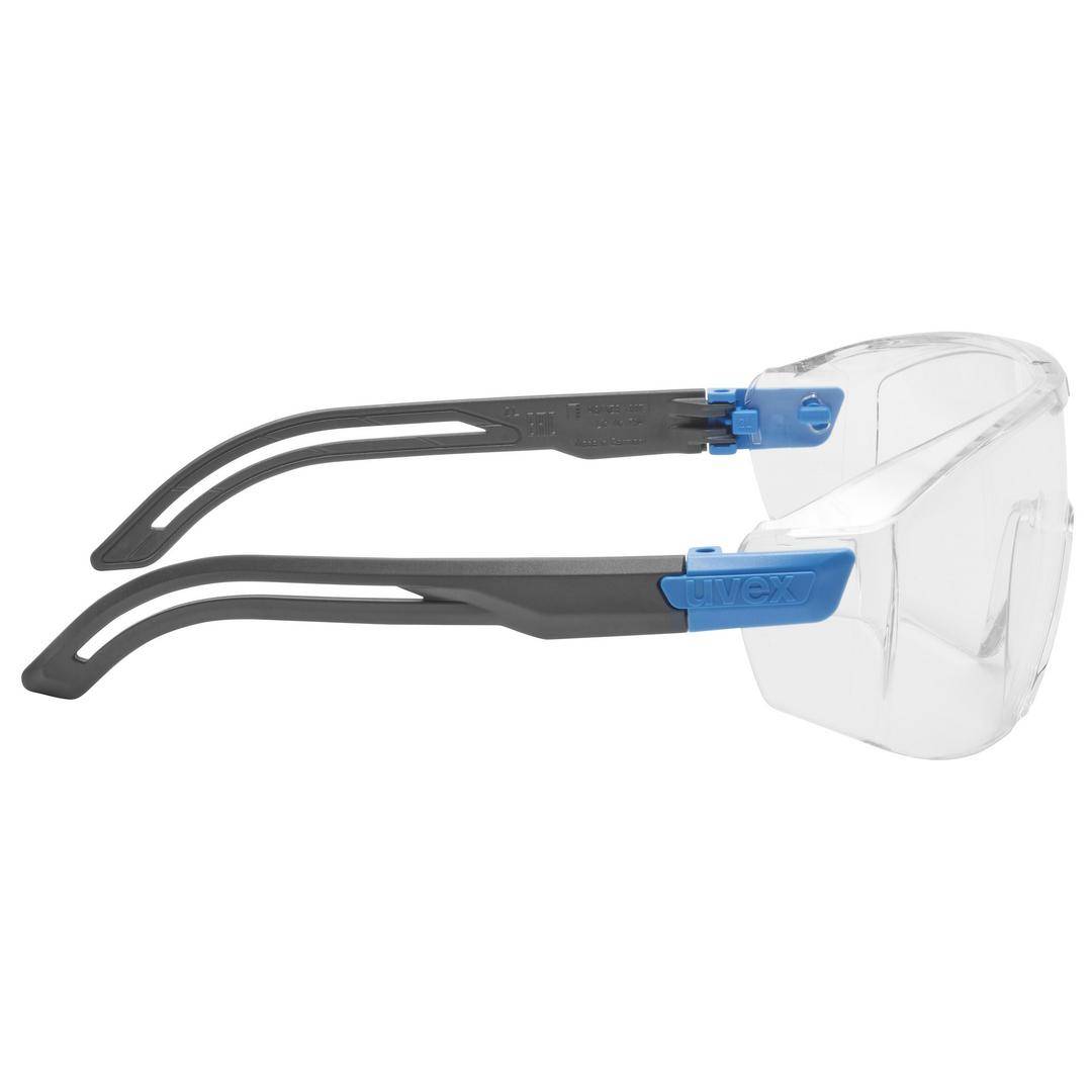 Schutzbrille mit klaren Gläsern und dunklen, blauen Bügeln, geeignet für Augenschutz bei handwerklichen oder industriellen Arbeiten.