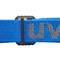 Blaues Stoffband mit grauem Schriftzug 'UV', befestigt durch eine schwarze Kunststoffschnalle.