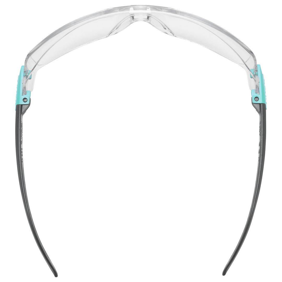 Schutzbrille mit transparenten Gläsern, blauen Bügeln und schwarzem Gestell, von vorne gesehen.