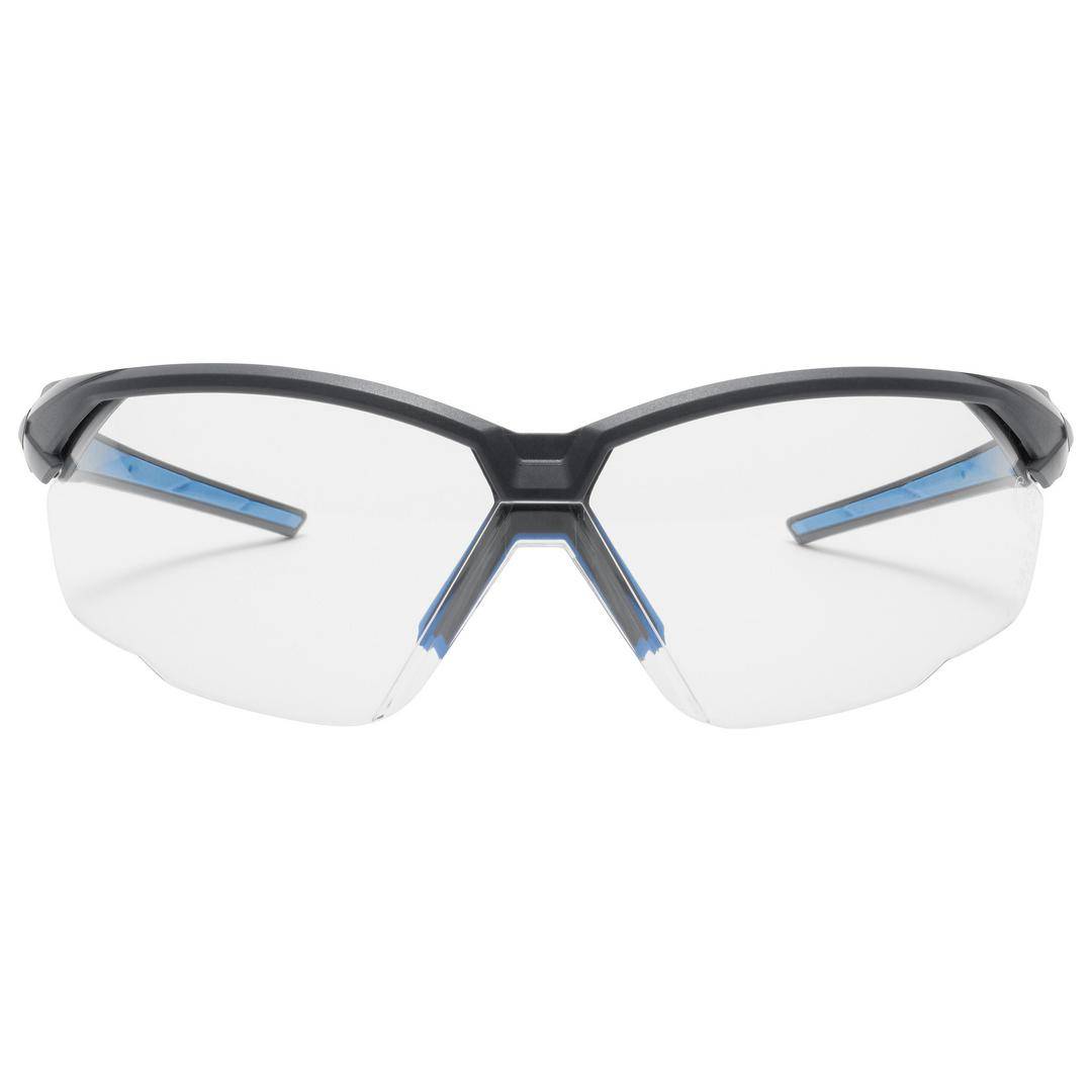 Brille mit schwarzem Rahmen und transparenten Gläsern, frontal abgebildet.
