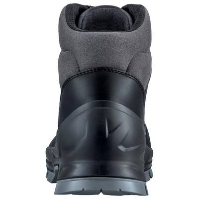 Schwarzer Wanderschuh aus Leder und Stoff, Ansicht von hinten. Robuste Sohle und verstärkter Knöchelbereich sichtbar.