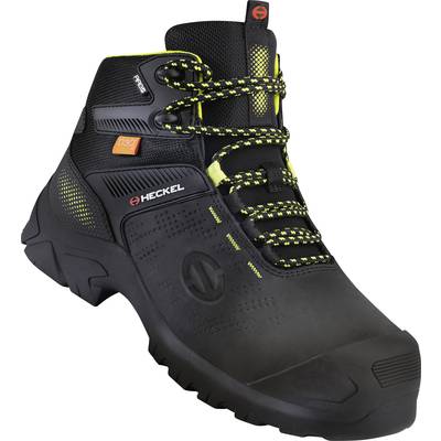 Schwarzer Sicherheitsstiefel mit gelb-schwarzen Schnürsenkeln, verstärkter Spitze und seitlichem 'Heckel'-Logo.