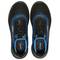 Zwei schwarze und blaue Schuhe der Marke Uvex, von oben betrachtet. Sie haben ein modernes Design mit elastischen Schnürsenkeln.