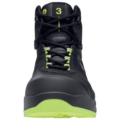 Schwarz-grüner Wanderschuh mit Profilsohle, Schnürsenkeln und Nummer '3' oben auf der Zunge; geeignet für Outdoor-Aktivitäten.