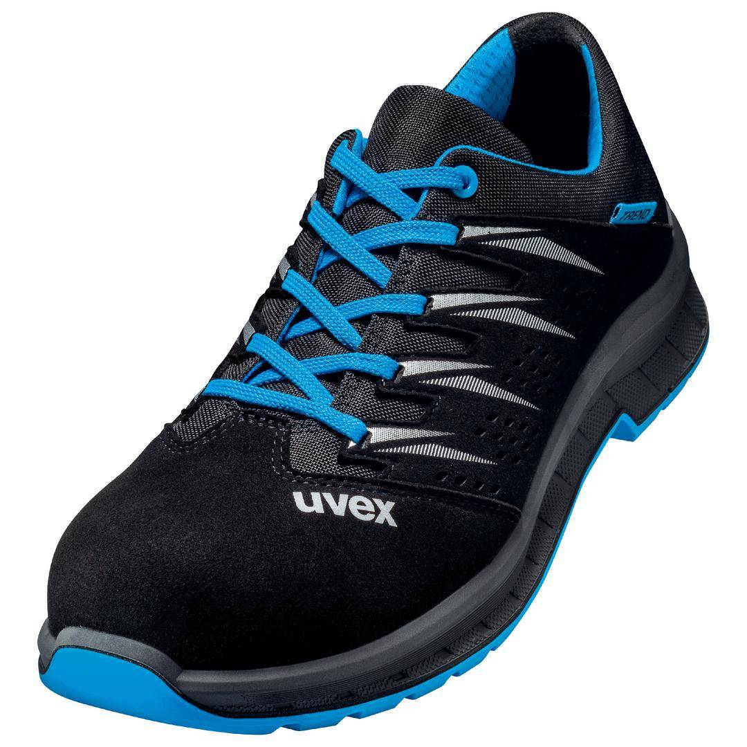Ein schwarzer Sicherheitsschuh mit blauen Akzenten und blauen Schnürsenkeln. Der Markenname 'uvex' ist an der Seite sichtbar.