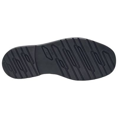 Schwarze Schuhsohle mit tiefem Profil und mehreren gerillten Mustern für besseren Halt und Stabilität auf verschiedenen Oberflächen.