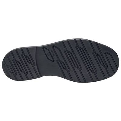 Schwarze Schuhsohle mit rutschhemmendem Profil und Linearmuster für Stabilität und Grip auf verschiedenen Oberflächen.