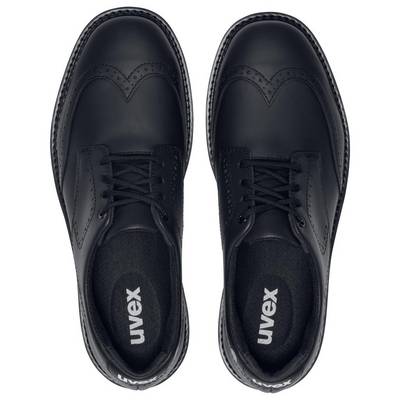 Zwei schwarze Schnürschuhe von oben, mit detaillierten Nähten und dem Markennamen 'uvex' auf den Innensohlen.