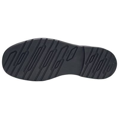 Schuhsohle einer dunklen Freizeitsandale mit rutschfestem Profil, zeigt mehrere Längsrillen für zusätzliche Traktion auf glatten Oberflächen.