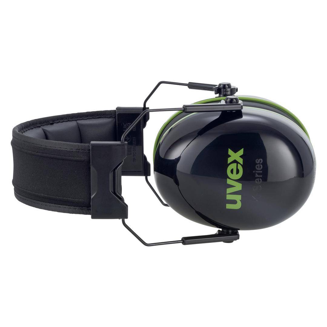 Schwarzer Gehörschutz mit grünem Logo 'uvex', verstellbarer Kopfbügel, geeignet für Lärmminderung in lauten Umgebungen.