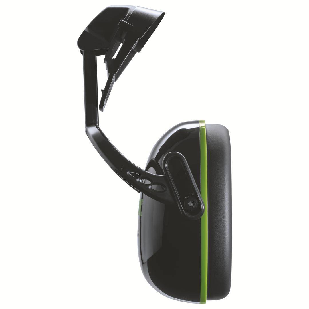 Ein seitlich abgebildetes, schwarzes mit grünem Rand ausgestattetes elektronisches Gerät, möglicherweise ein Headset oder Kopfhörer.