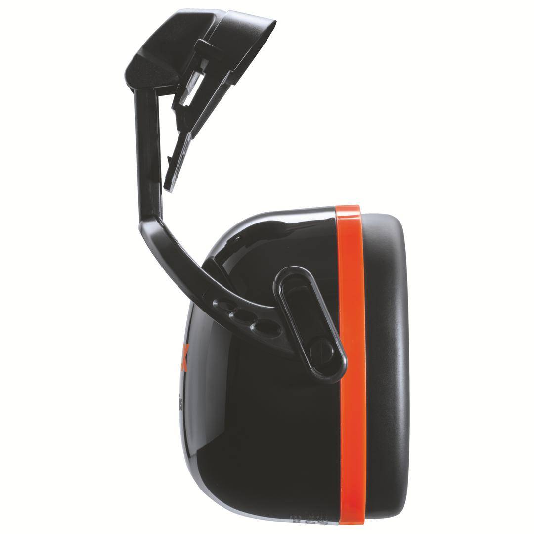 Gehörschutz in Schwarz und Orange, Seitenansicht mit verstellbarem Kopfband, Klappfunktion sichtbar.