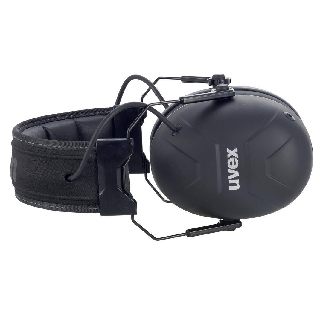 Ein schwarzer Gehörschutz von uvex, zusammengeklappt mit gepolstertem Kopfband. Geeignet für Lärmschutz in lauten Umgebungen.