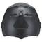 Schwarzer Schutzhelm aus Kunststoff, Vorderansicht, mit Belüftungsschlitzen und Logo unten.