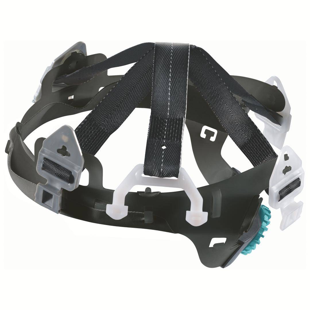 Schwarz-weiße Helm-Innenschale mit verstellbaren Bändern und Schnallen zur sicheren Befestigung auf dem Kopf.