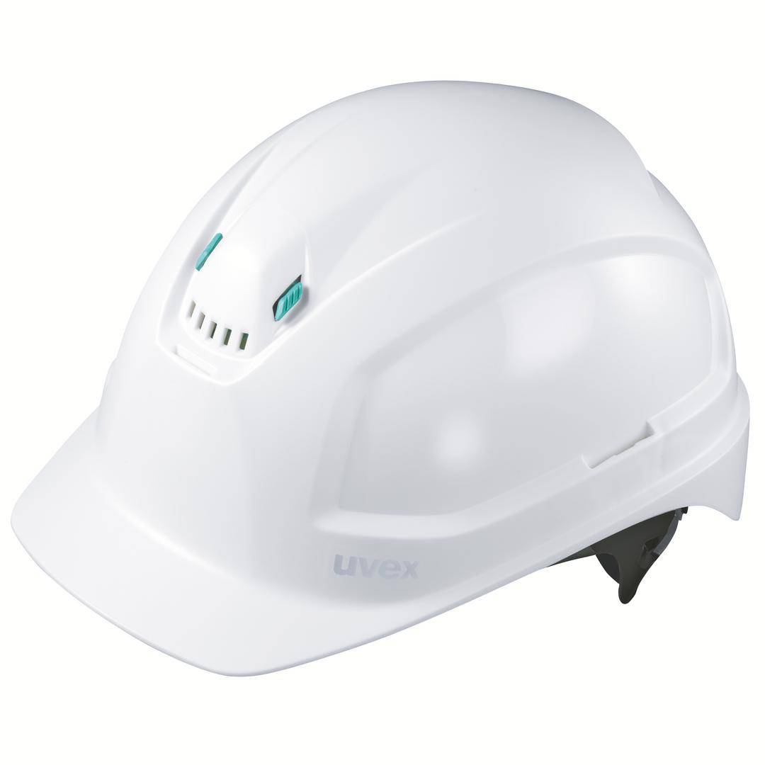 Weißer Schutzhelm mit Lüftungsschlitzen, seitlichem uvex-Logo und verstellbarem Innenband.