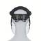 Rückansicht eines transparenten Kopfmodells, das ein schwarzes Stirnband mit Einstellmechanismus und seitlichen Halterungen trägt.