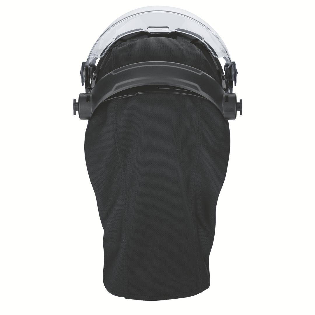 Schutzhelm mit klarem Visier, schwarzem Nackenschutz. Entwickelt für Gesichtsschutz bei Arbeiten mit Gefahrenstoffen oder Werkzeugen.