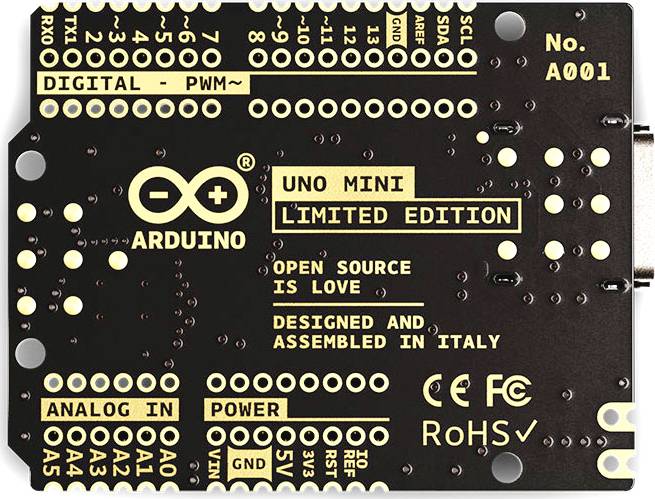 Arduino-Platine, Modell 'UNO Mini Limited Edition', zeigt Anschlüsse für digitale PWM und analoge Eingänge, mit CE- und RoHS-Zeichen.