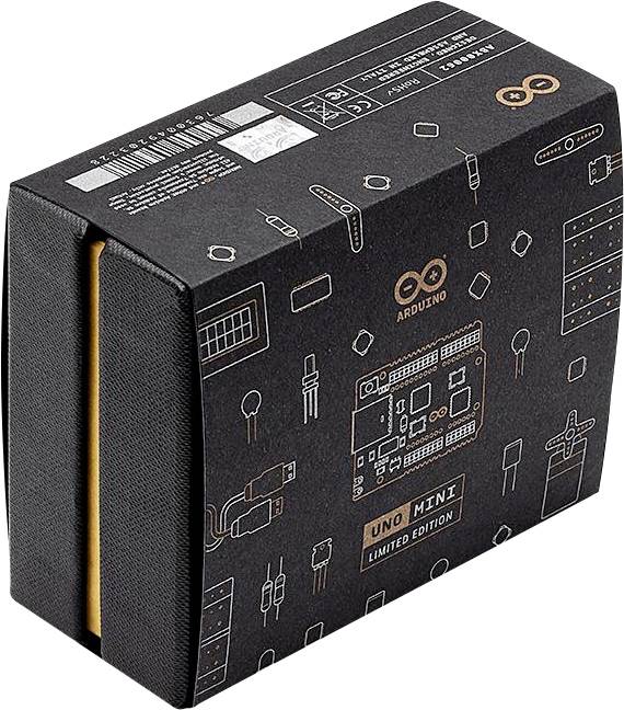 Kartonschachtel mit dem Aufdruck 'Arduino UNO Mini Limited Edition', zeigt Schaltkreise und elektronische Symbole auf schwarzem Hintergrund.