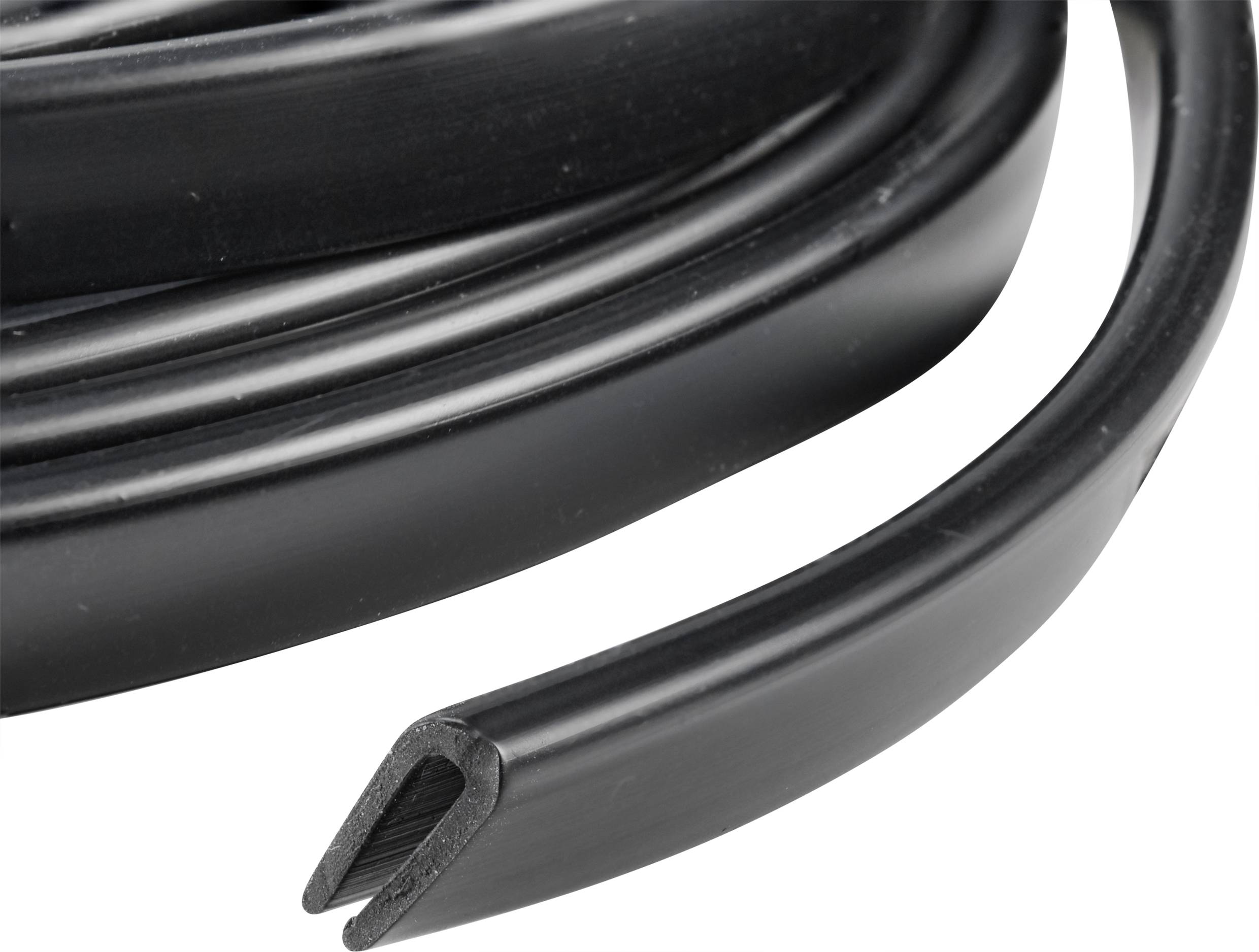 Schwarze, flexible Gummidichtung, in U-Form, zur Abdichtung von Kanten oder Fugen, oft in Automobilen oder Maschinen verwendet.