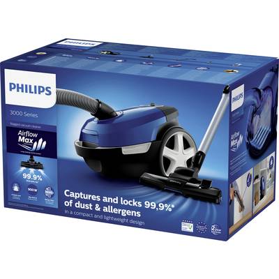 Philips Staubsauger 3000 Series. Aufschrift 'Captures and locks 99,9% of dust & allergens'. Abgebildet: Staubsauger und Zubehör.