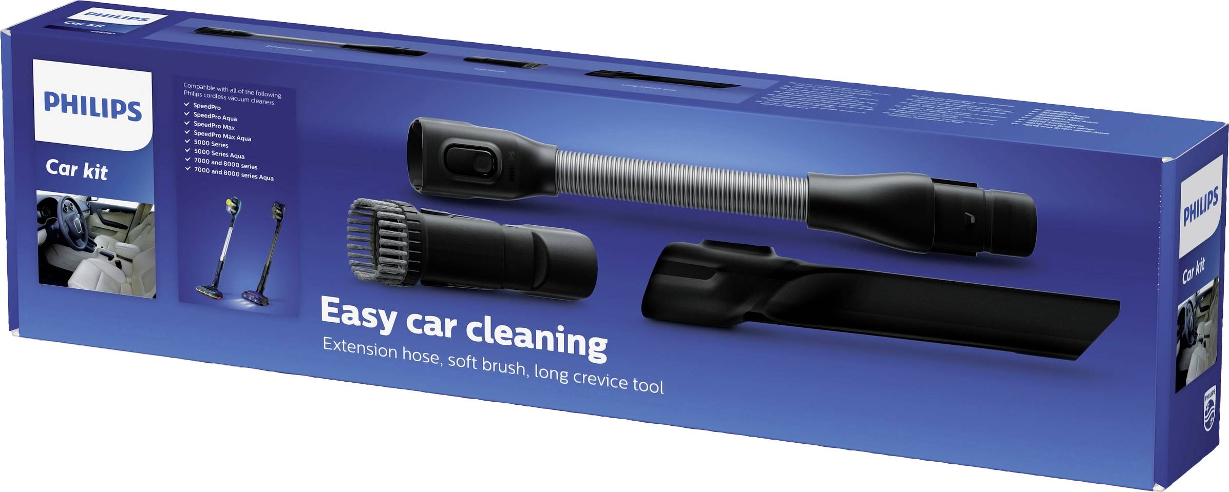 Verpackung eines Philips Auto-Reinigungssets mit Verlängerungsschlauch, weicher Bürste und langer Fugendüse, beworben für einfache Autoreinigung.