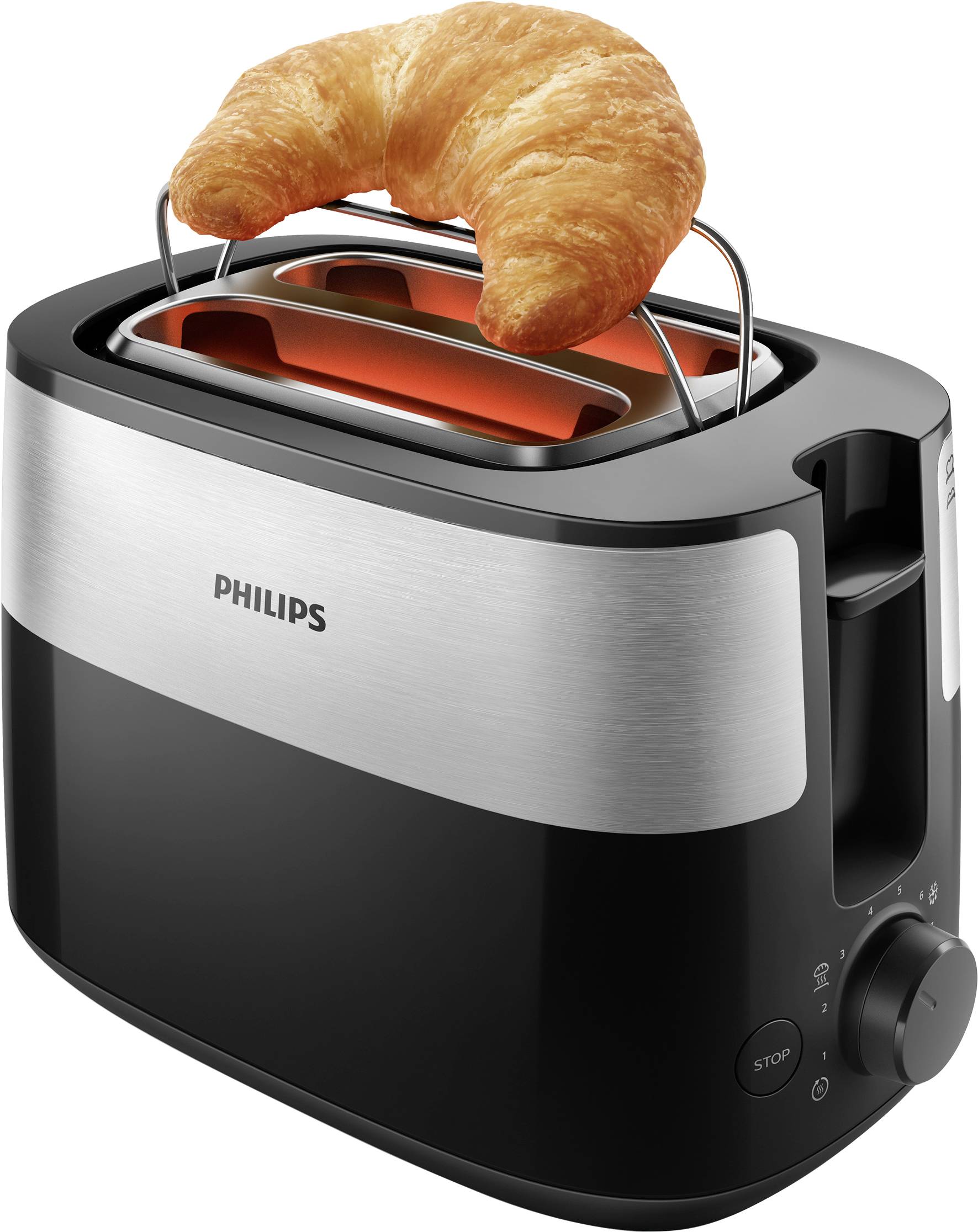 Ein schwarzer Toaster mit silbernen Akzenten röstet ein einzelnes Croissant auf einem Brötchenaufsatz.