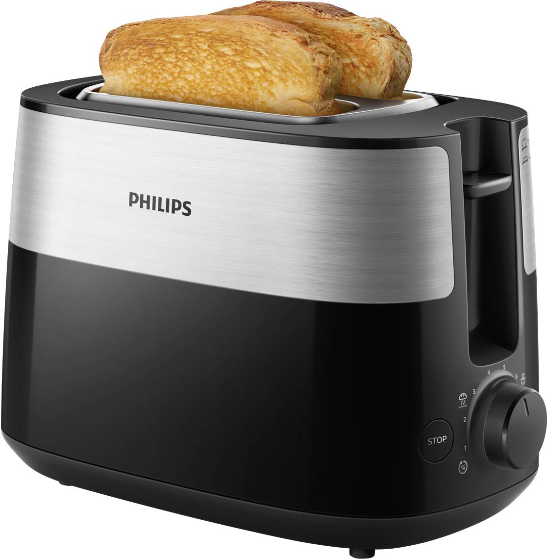 Ein schwarz-silberner Toaster mit zwei goldbraunen Toastscheiben. Markantes Design; Markenname vorne sichtbar.