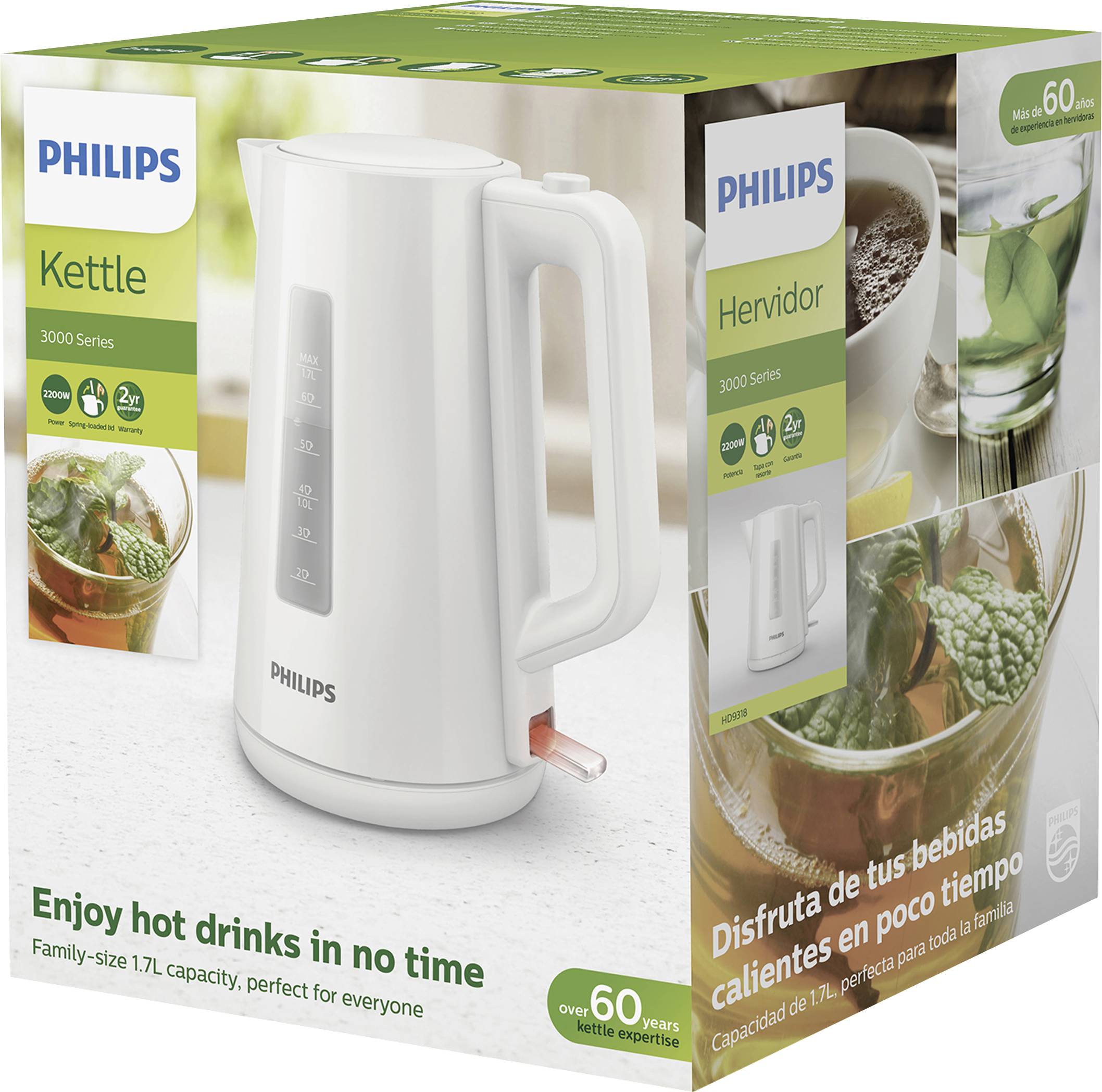 Weiße elektrische Philips-Kaffeemaschine, 1,7-Liter-Kapazität. Text: 'Genießen Sie heiße Getränke im Handumdrehen'.