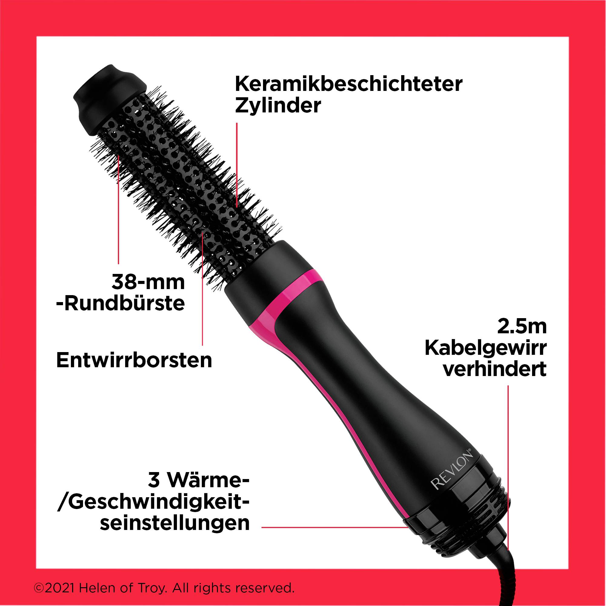 'Keramikbeschichteter Zylinder, 38-mm-Rundbürste, Entwirrborsten, 3 Wärmeeinstellungen, 2,5 m Kabel. Revlon Haarstyler.'