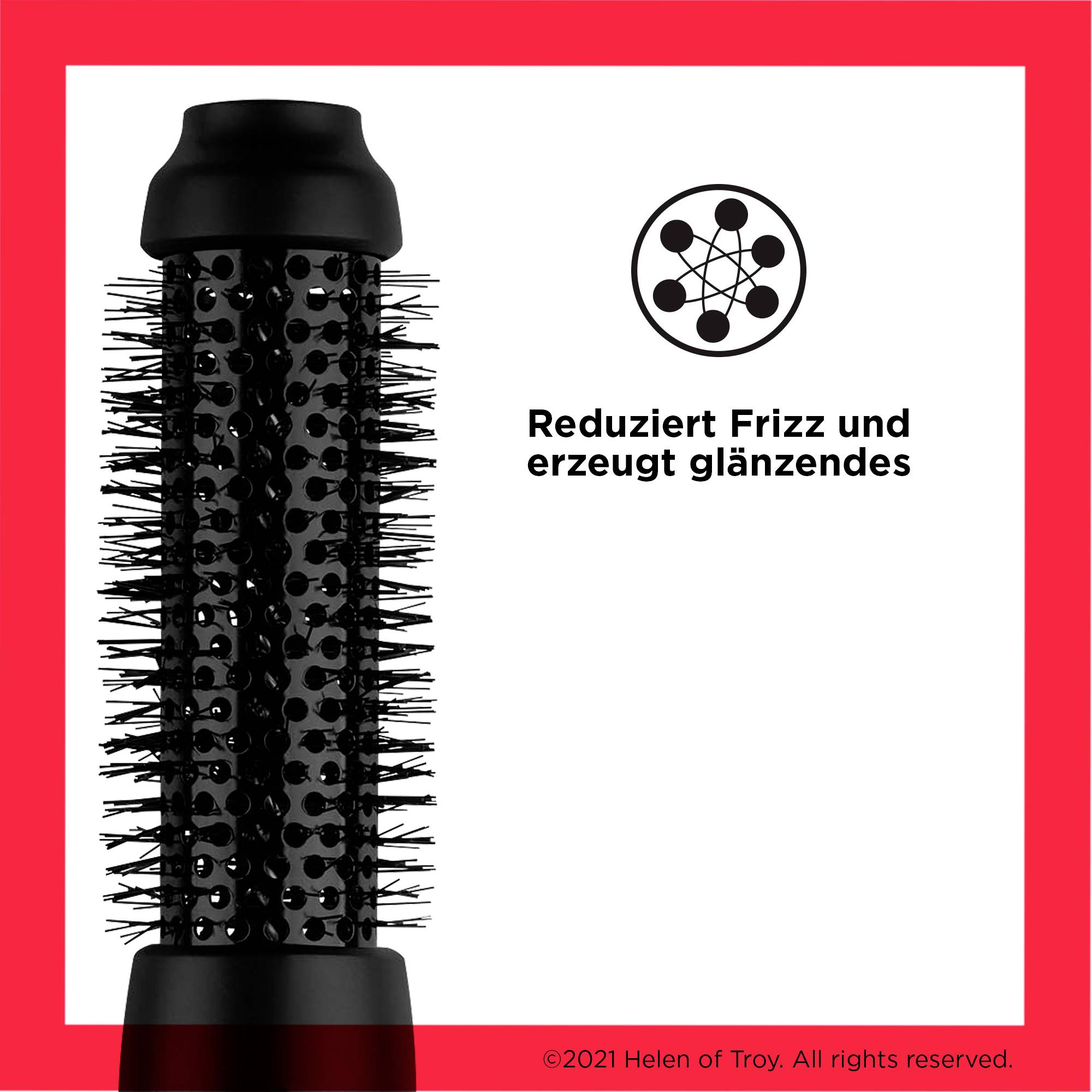 Nahaufnahme einer schwarzen Rundbürste; daneben der Text 'Reduziert Frizz und erzeugt glänzendes Haar'.