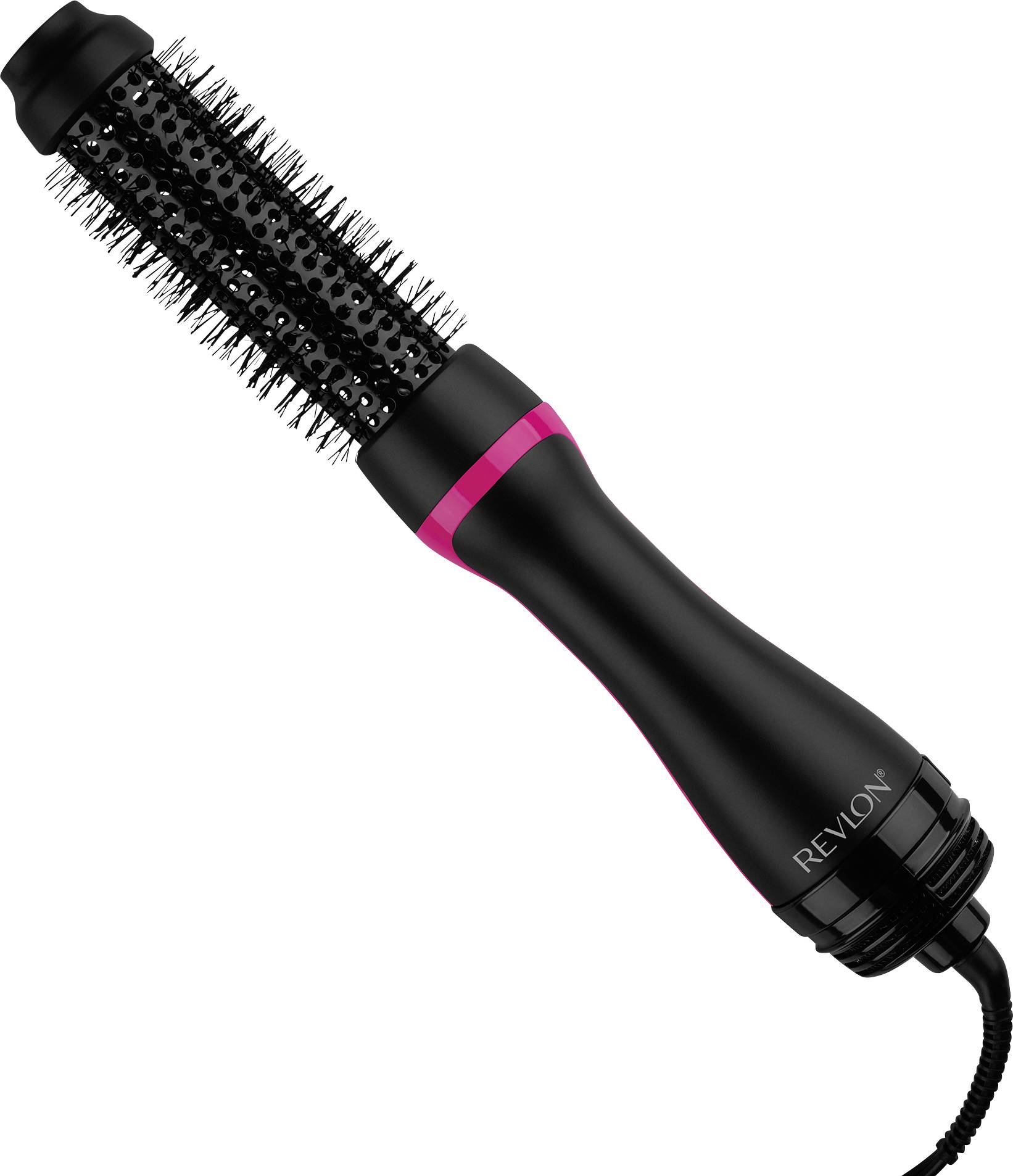 Schwarze, elektrische Haarbürste mit runden Borsten und pinkem Akzent, geeignet fürs Styling und Trocknen von Haaren.