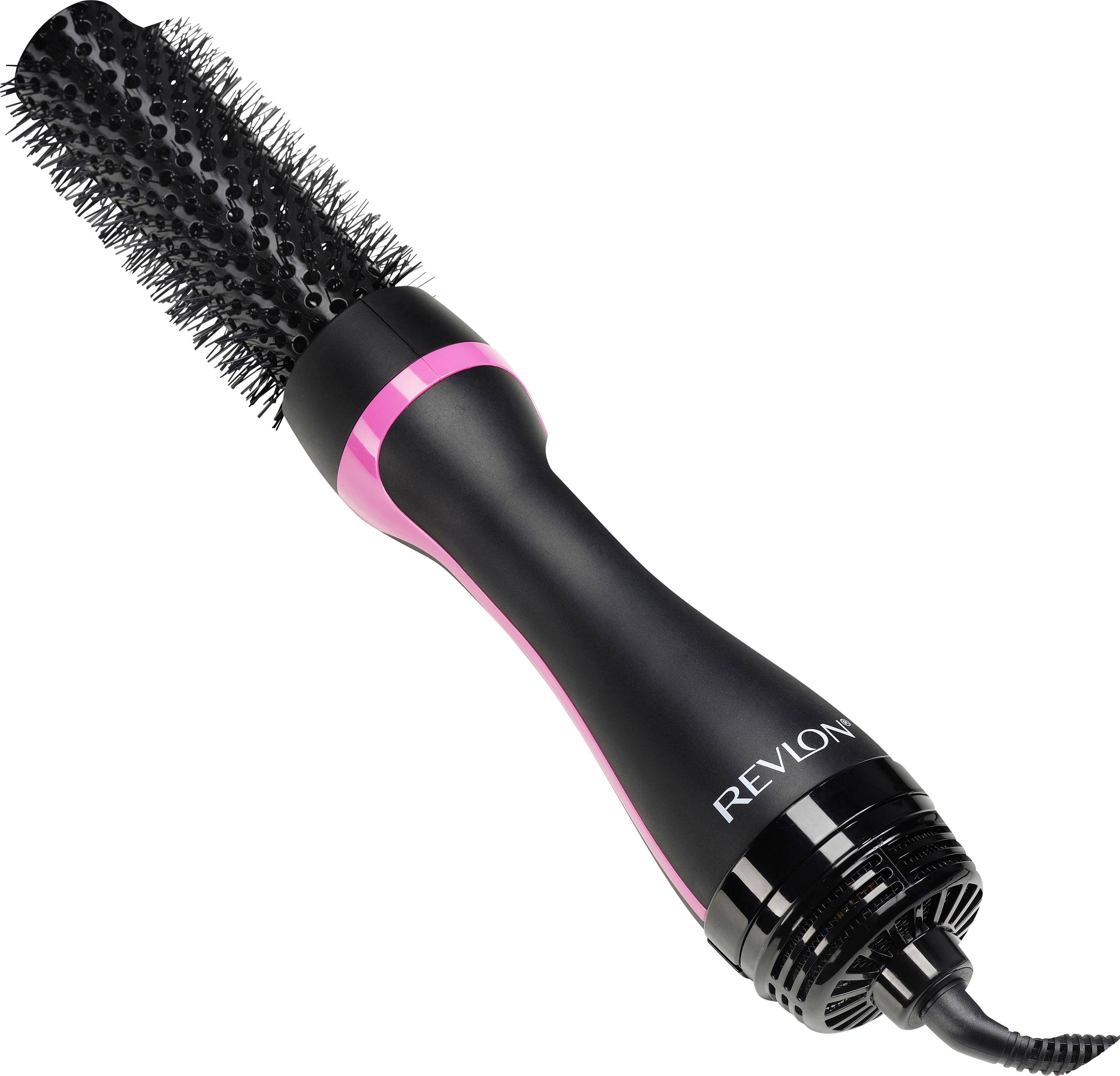 Schwarze und pinke Rundbürste für Haare mit Logo an der Seite, verwendet zum Stylen oder Glätten von Haaren, mit Netzkabel.