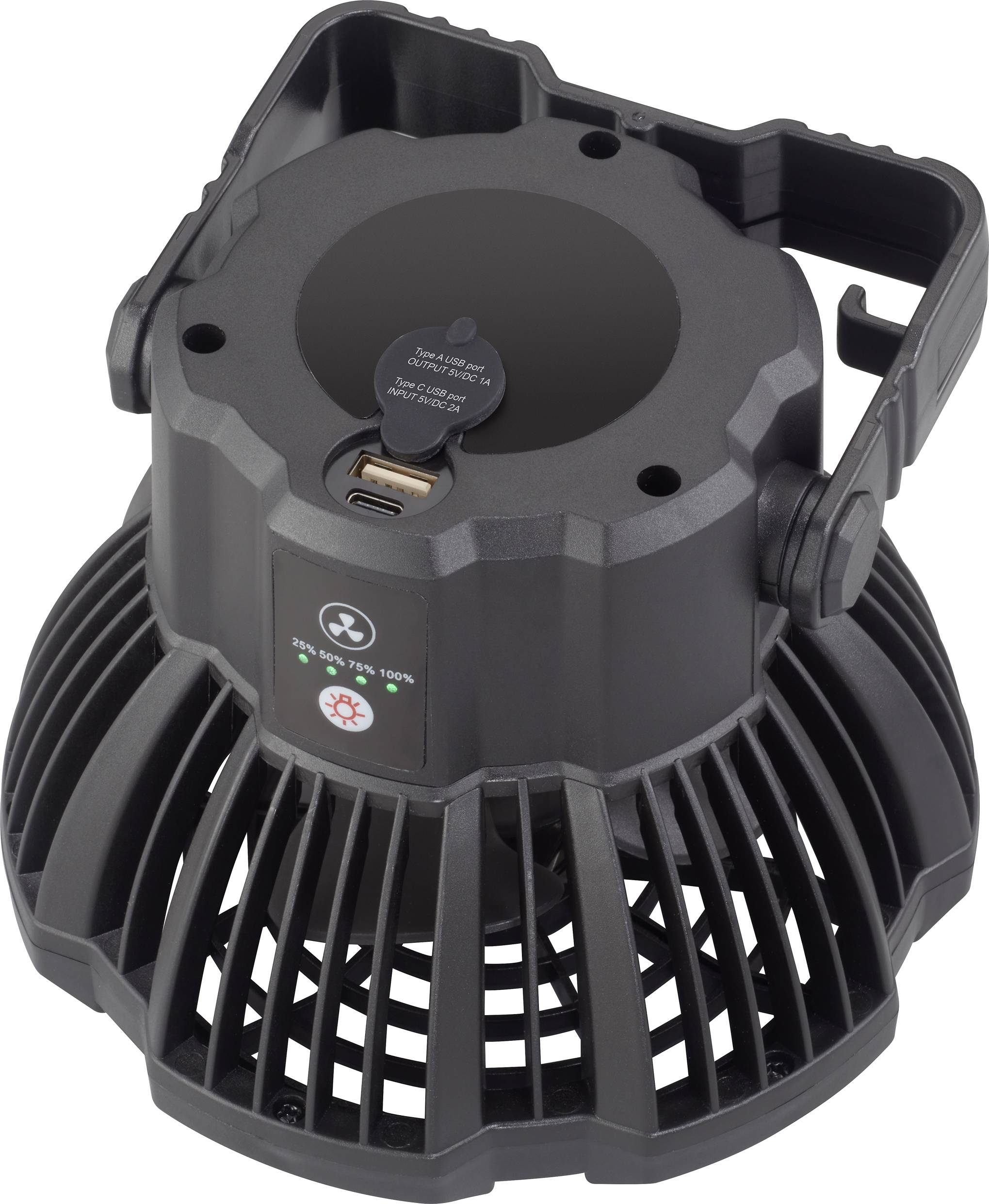 Ein kompakter, tragbarer Ventilator mit robustem Gehäuse und Griff. Er bietet eine USB-Ladefunktion und Betriebsanzeigen.