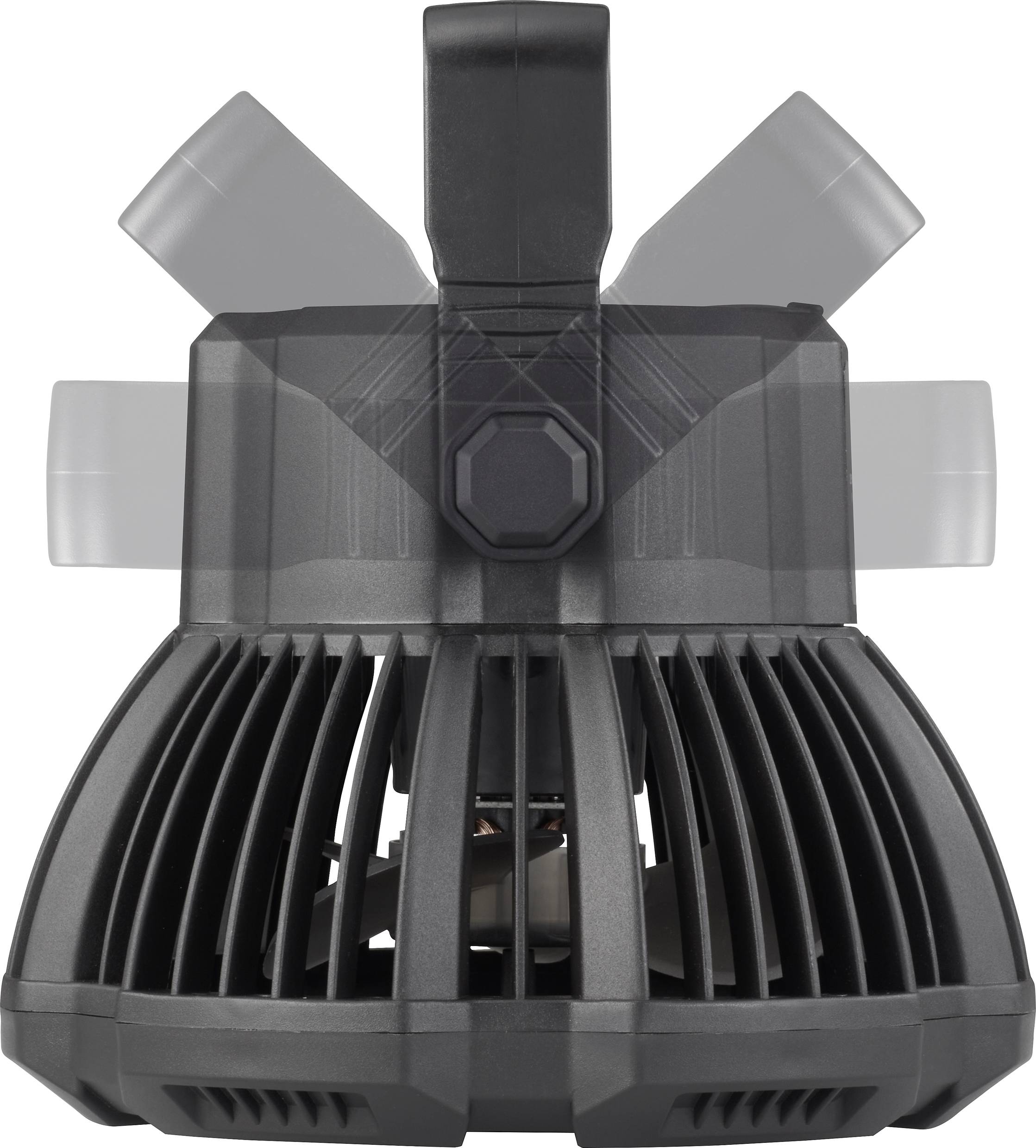 Das Bild zeigt einen elektrischen Ventilator mit drehendem Kopfmechanismus, dargestellt durch transparente Flügel, die verschiedene Positionen zeigen.