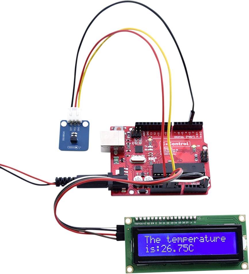 Eine Arduino-Schaltung mit einem Temperatursensor und einem LCD-Display, das 'The temperature is: 26.75C' anzeigt.