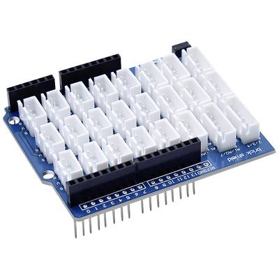 Ein blaues Steckbrett mit mehreren weißen Steckverbindungen, das als Schnittstelle für elektronische Bauteile dient.