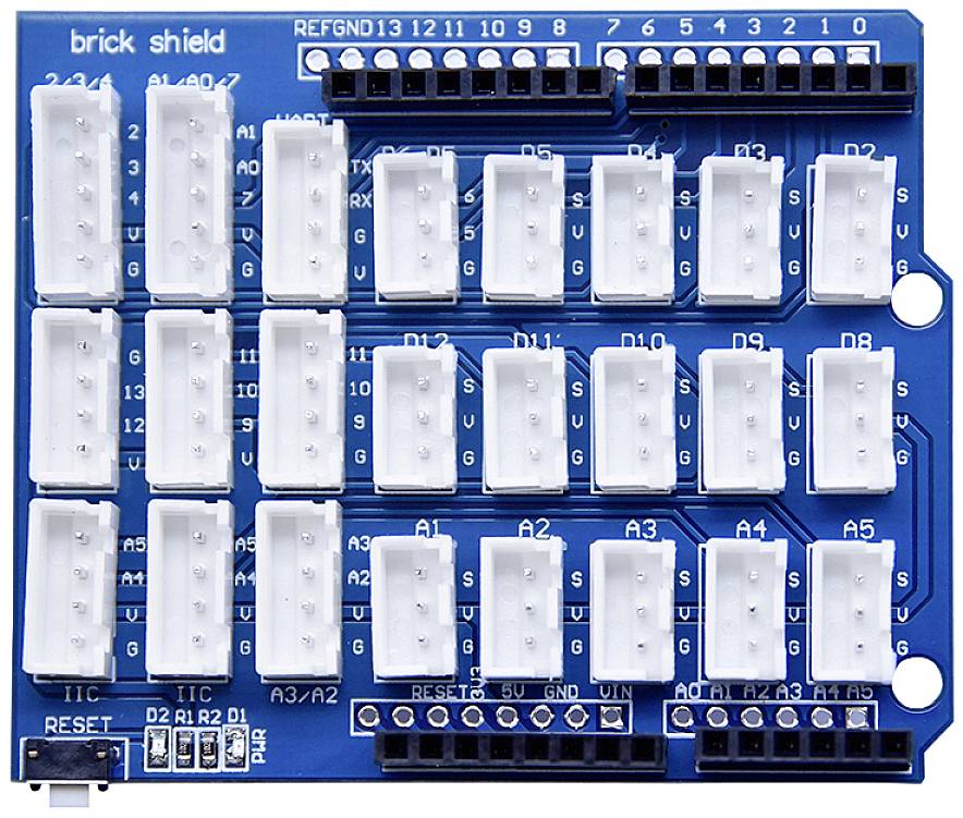 Eine blaue elektronische Platine mit zahlreichen weißen Steckverbindern und Aufschriften wie 'brick shield' und Anschlussbezeichnungen.