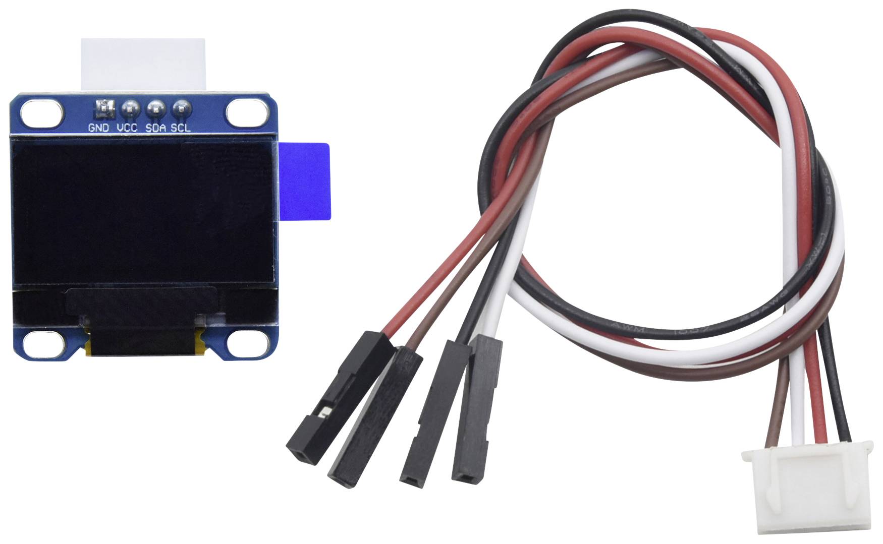 Ein kleines, rechteckiges OLED-Displaymodul mit einer blauen Lasche neben einem Kabelbündel mit Steckverbindungen für elektronische Projekte.