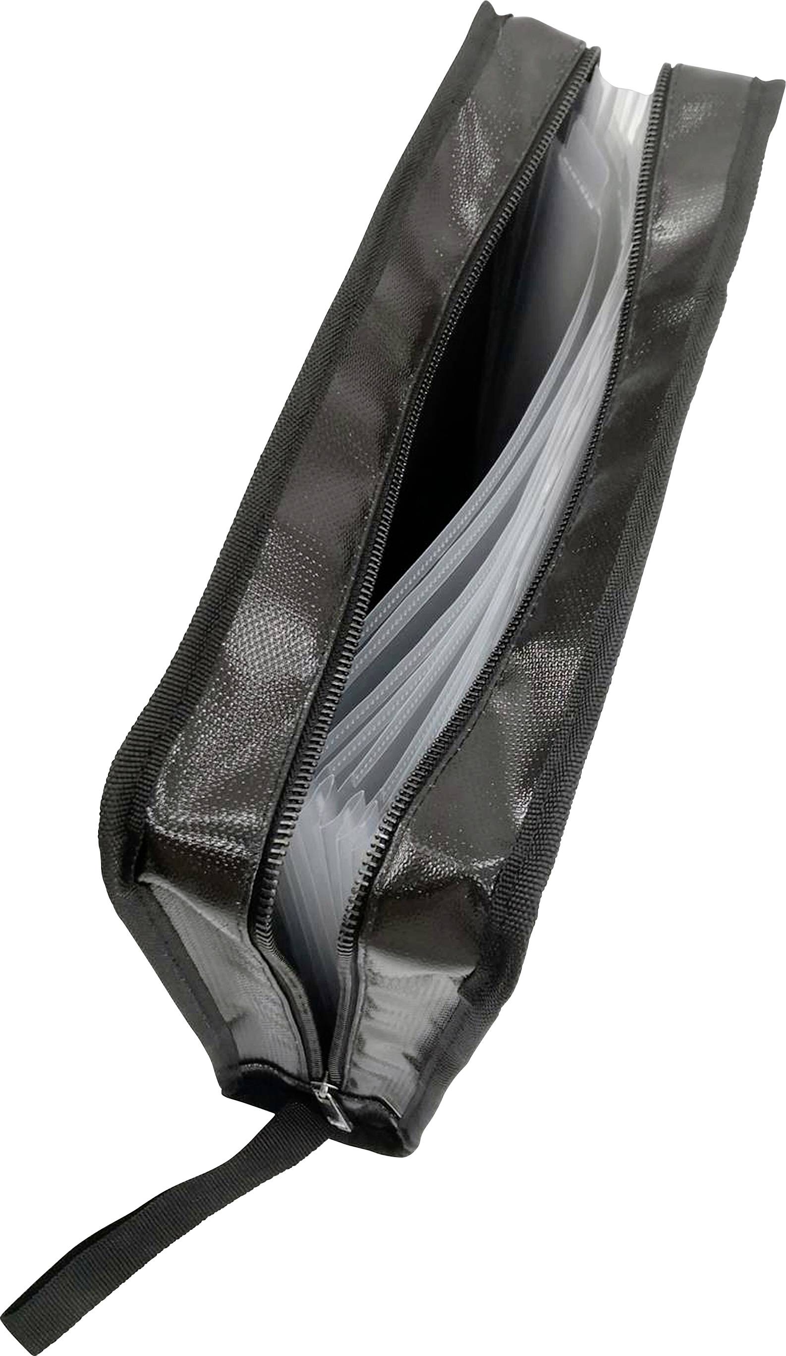 Schwarze, aufklappbare Dokumentenmappe aus Stoff mit Reißverschluss, gefüllt mit mehreren durchsichtigen Fächern für Dokumente.