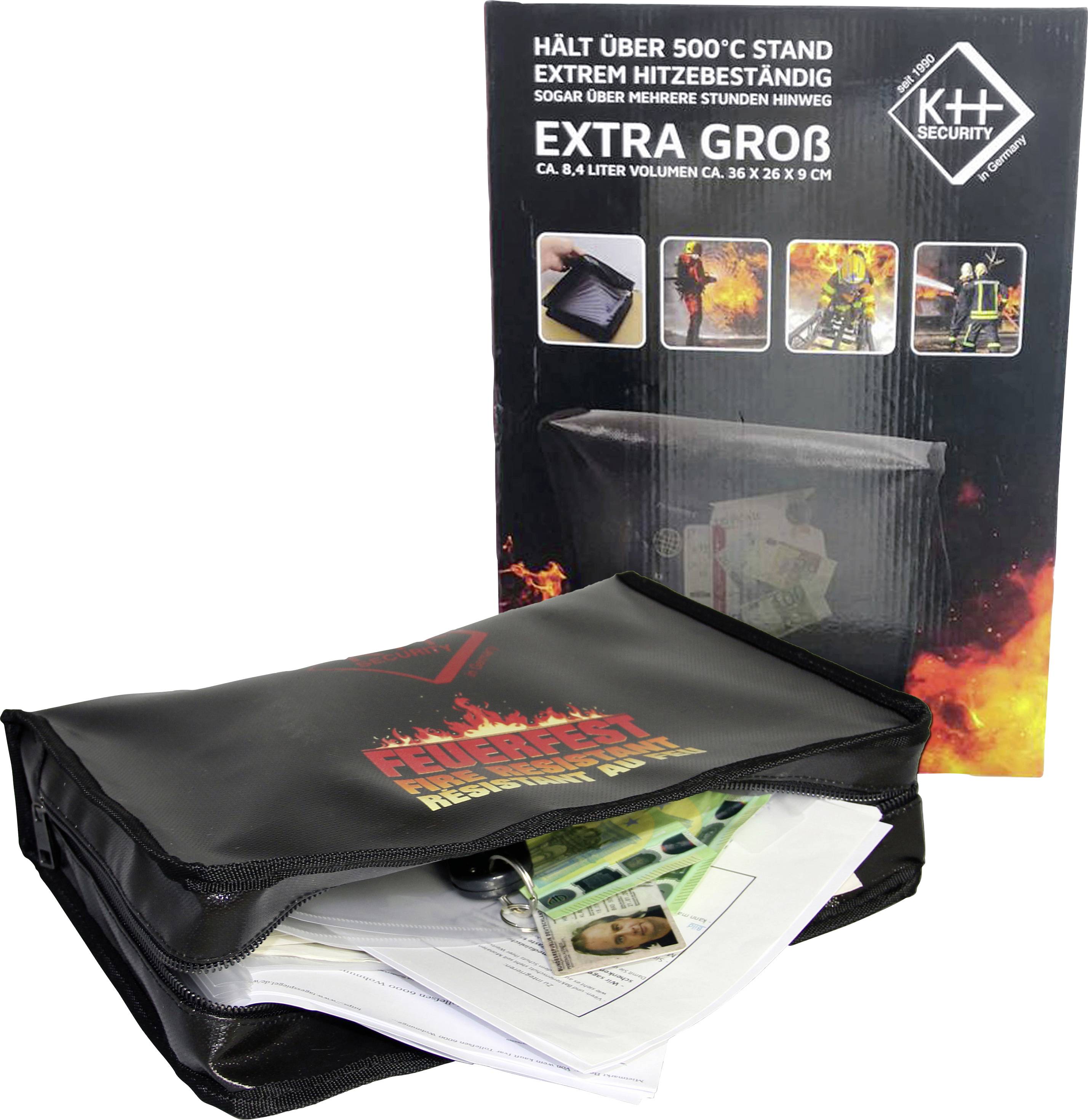 Feuerfeste Dokumententasche, schwarz, markiert mit 'Feuersicher', in Flammenhintergrund. Verpackung zeigt Hitzebeständigkeit über 500°C.