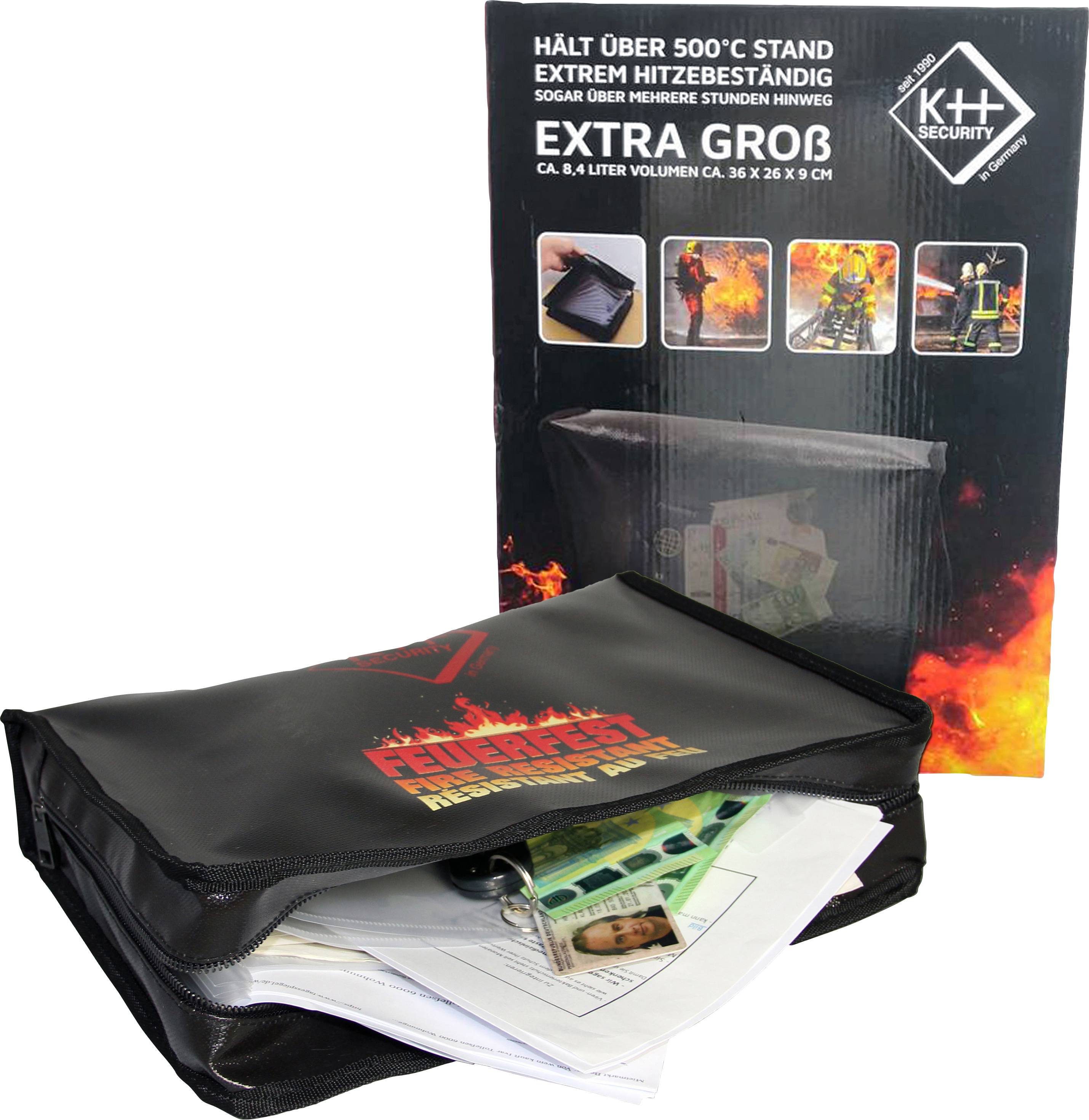 Feuerfeste Tasche mit Dokumenten vor Verpackung. Text auf Verpackung: 'Hält über 500°C stand, extrem hitzebeständig, extra groß'.